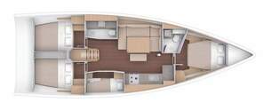 A boat interior with a dining area, kitchen, and sleeping quarters. - Sun-Kissed Sailing Adventure in the Ionian Islands, Lefkada (Lefkada)