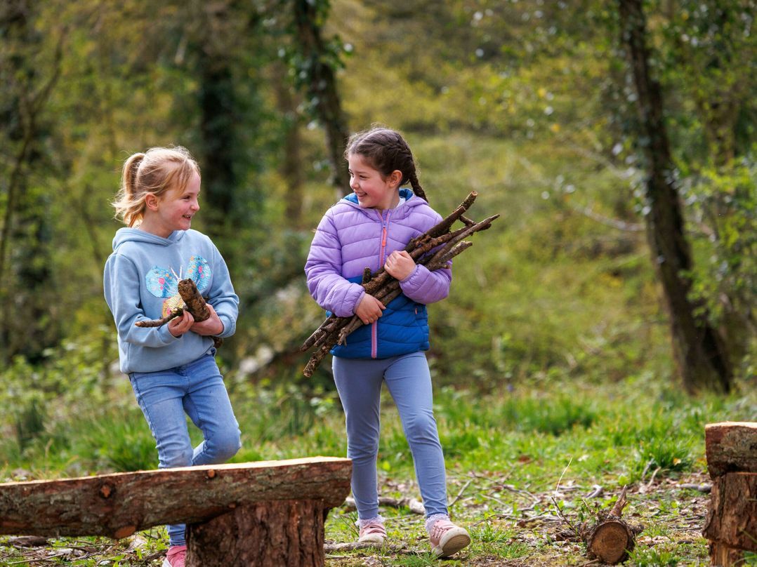 Two individuals carrying branches in a forested area with wooden benches and a tree stump.