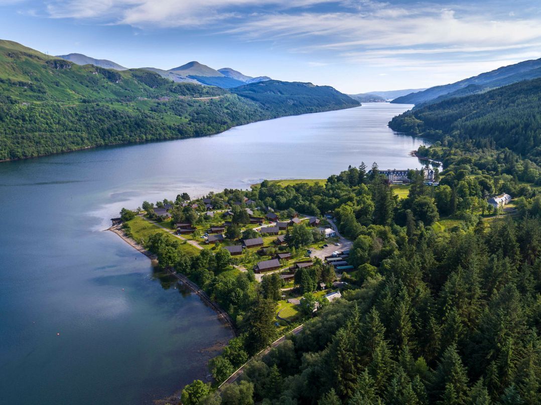 A lakeside property with a cluster of houses, a dock, and a forested area.
