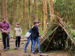 A forest scene with people carrying branches. - Ardgartan Argyll - Forest Holidays (Arrochar)