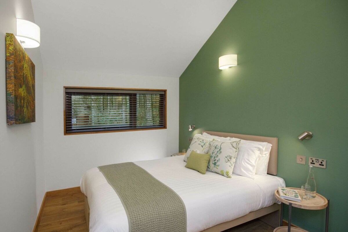 A bedroom with a bed, a bedside table with a lamp, a window with blinds, and a green accent wall.