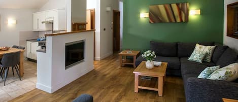 A modern living room with a fireplace, a dining area, and a kitchen.
