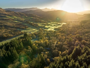 Paisaje rural con colinas ondulantes, una carretera y edificios dispersos.