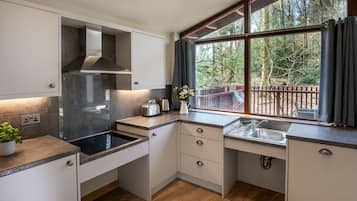 Una cocina moderna con estufa integrada, una ventana con vistas al exterior y un lavamanos.