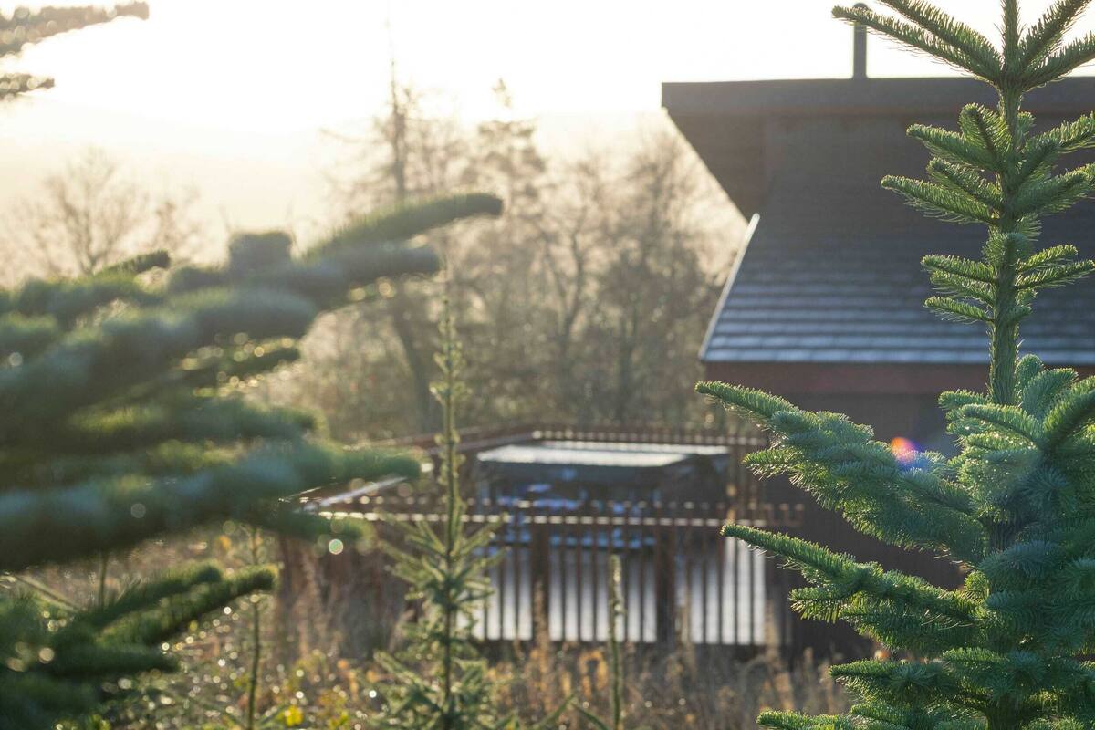 A building with a sloped roof and a fenced area in the background.