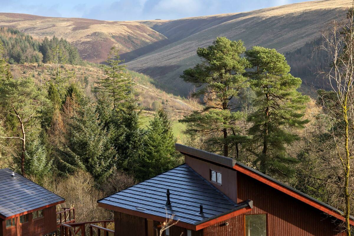 A cabin with a sloped roof and a wooden exterior, surrounded by dense forest and hills.