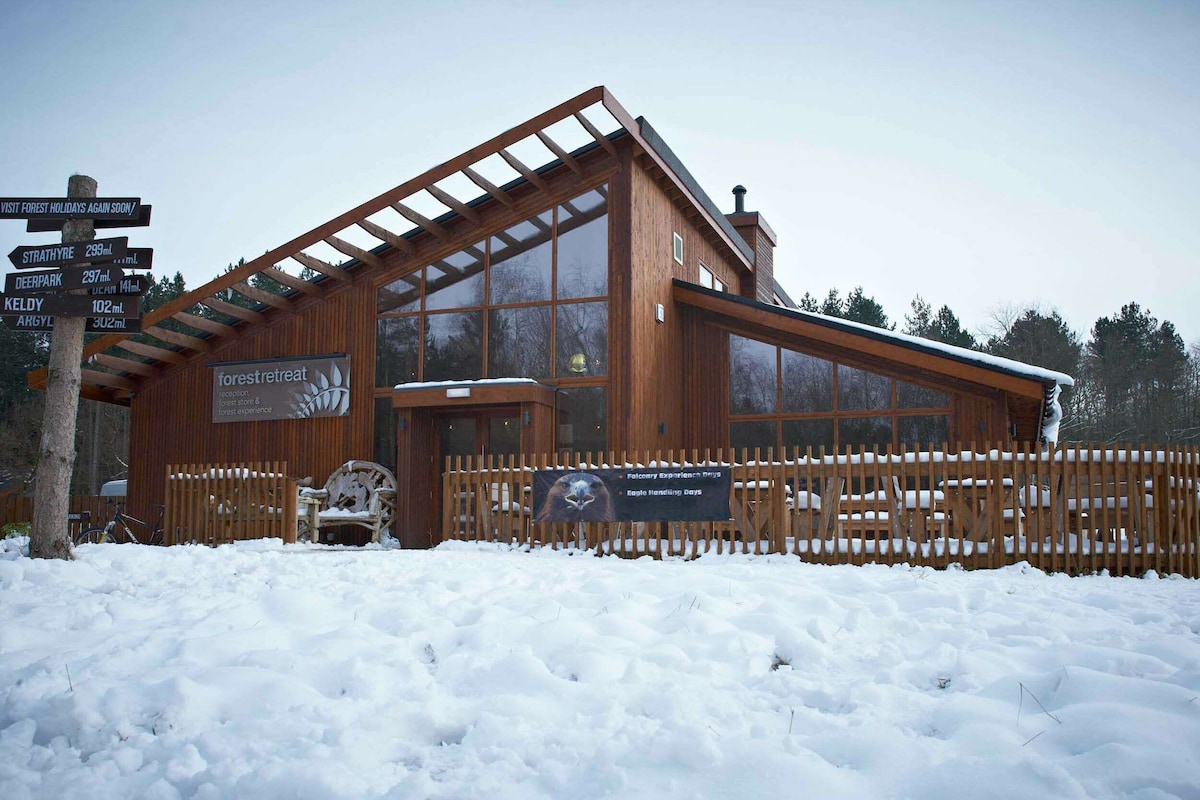 A wooden cabin with large windows, surrounded by a wooden fence and snow-covered ground.