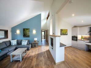 A modern living room with a sofa, coffee table, and fireplace. There is a kitchen area with cabinets and an oven. - Thorpe Forest  - Forest Holidays (Thetford)