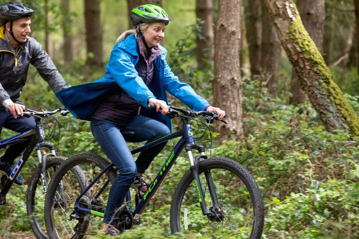 Two people riding bicycles in a forested area.
