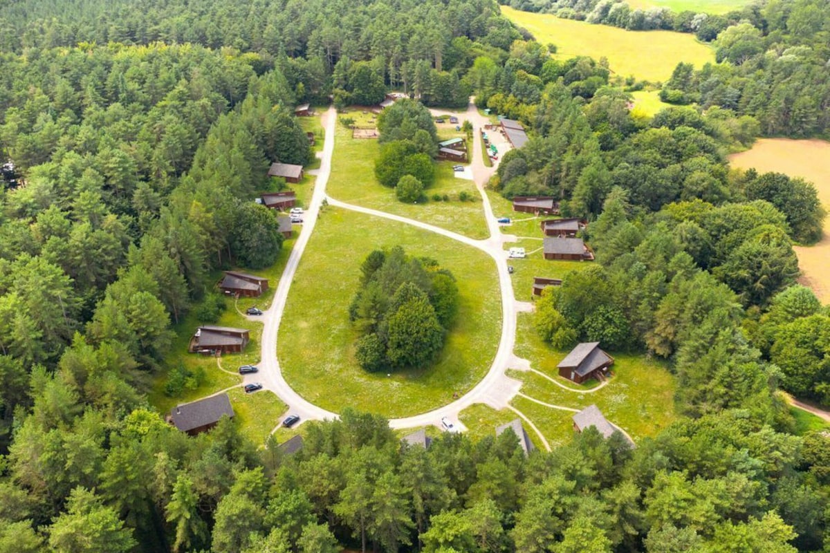 Vista aérea de un camping con varias cabañas, una zona verde central y un bosque denso circundante.