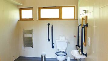 A bathroom with a toilet, sink, grab bars, a window, and a towel rack.