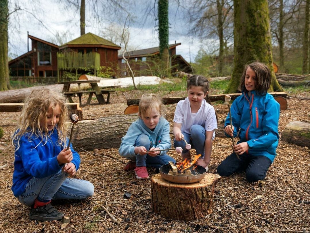 Four children sitting around a campfire in a forested area with wooden cabins in the background.
