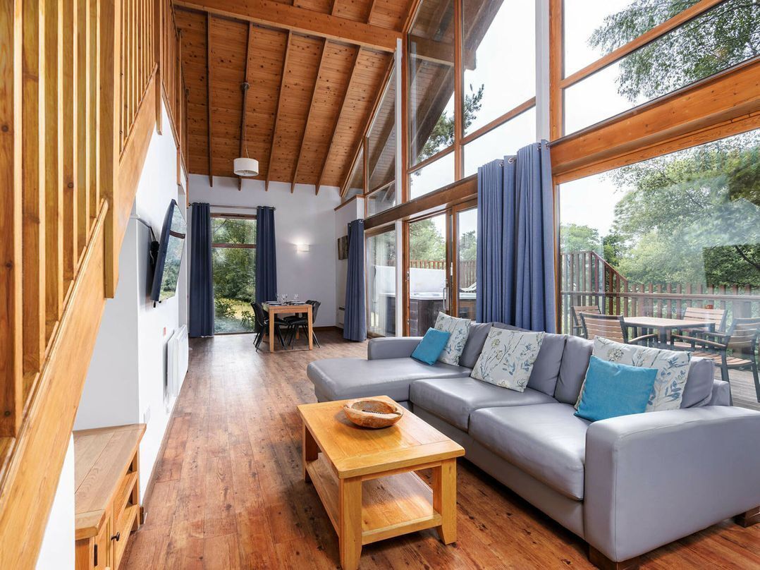 Un interior moderno con techo de madera, ventanas amplias, un sofá gris y una mesa de madera.