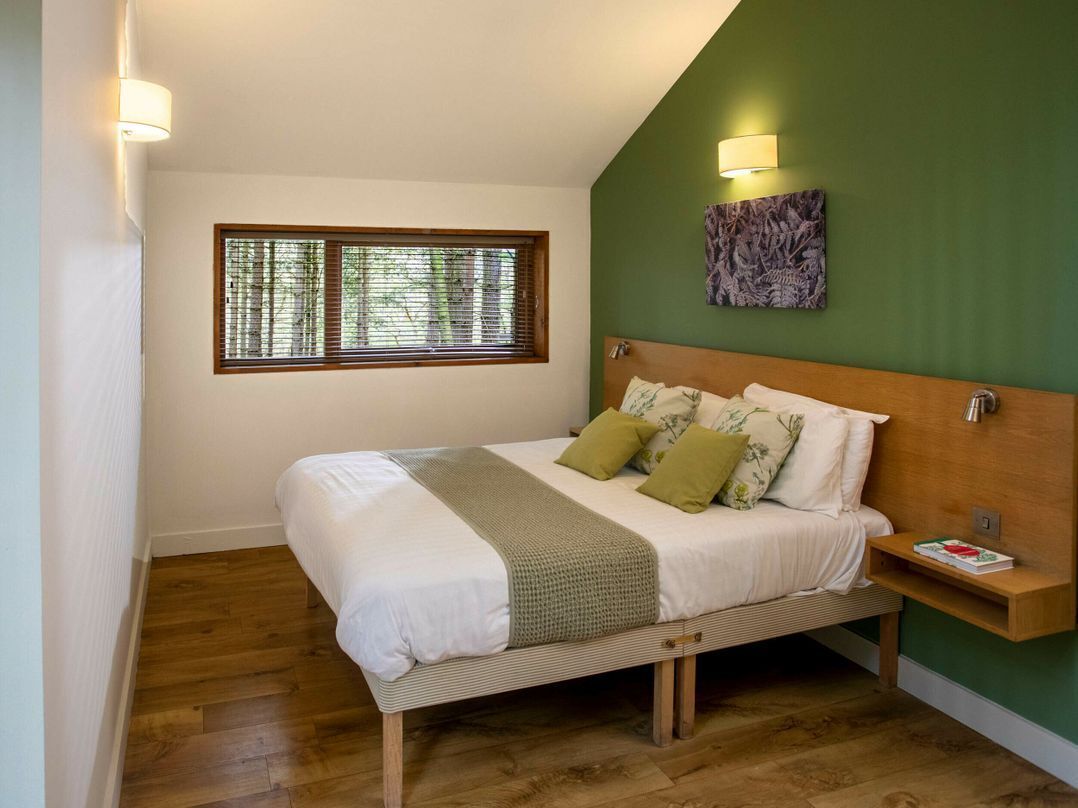A bedroom with a bed, a window, a wall-mounted light, and a bedside table with a book.