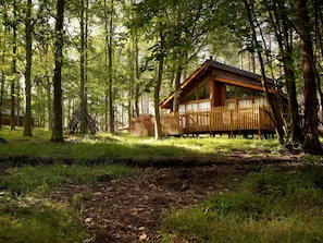 A cabin in a forest with a wooden deck and large windows.