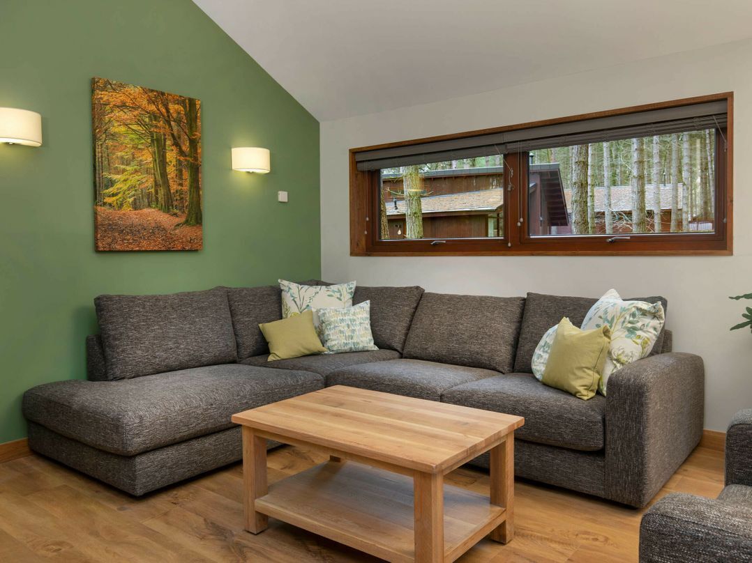 A living room with a sectional sofa, a wooden coffee table, a painting of a forest, and a window with a view of trees.