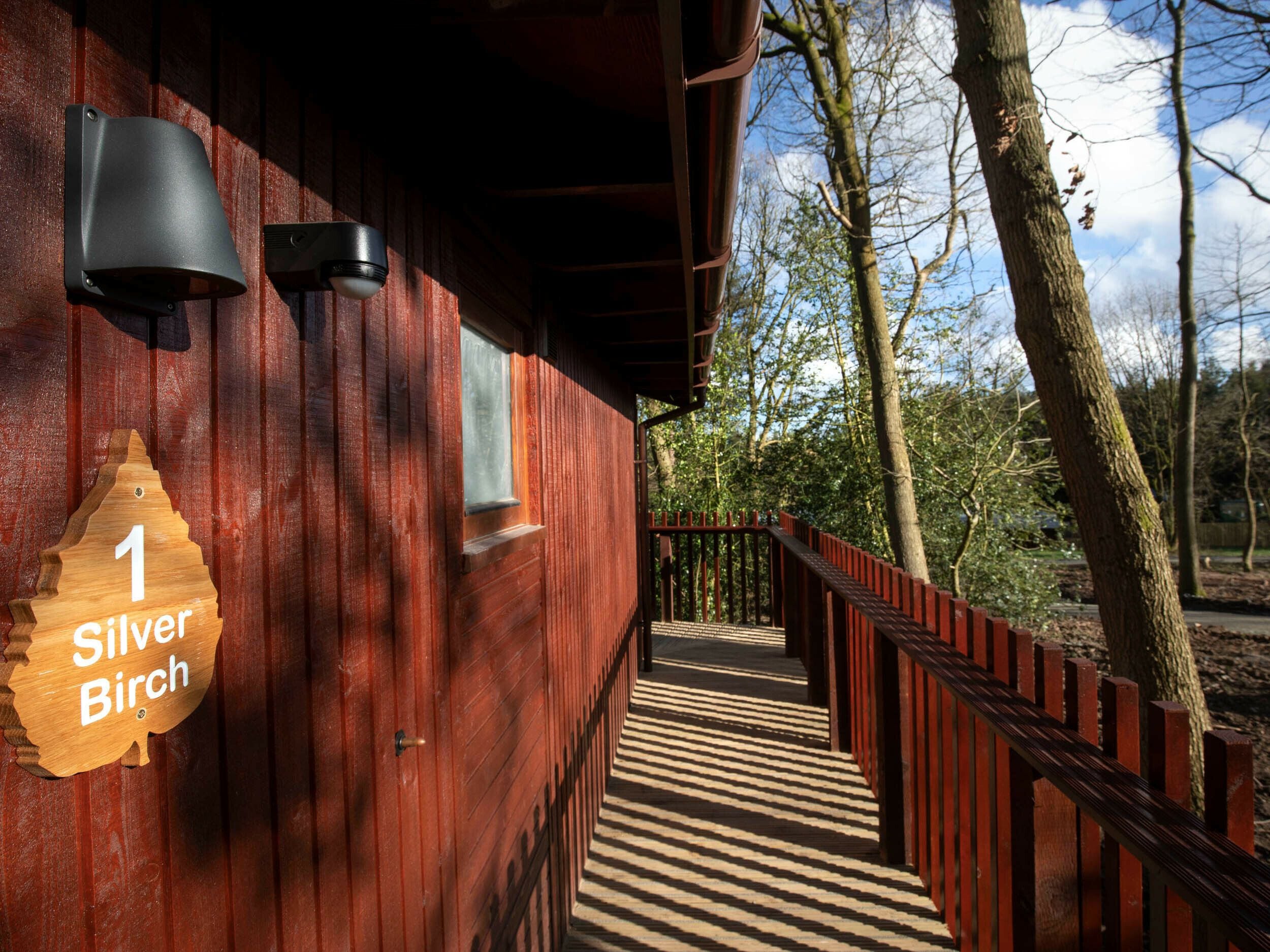 A wooden cabin with a sign reading '1 Silver Birch.'
