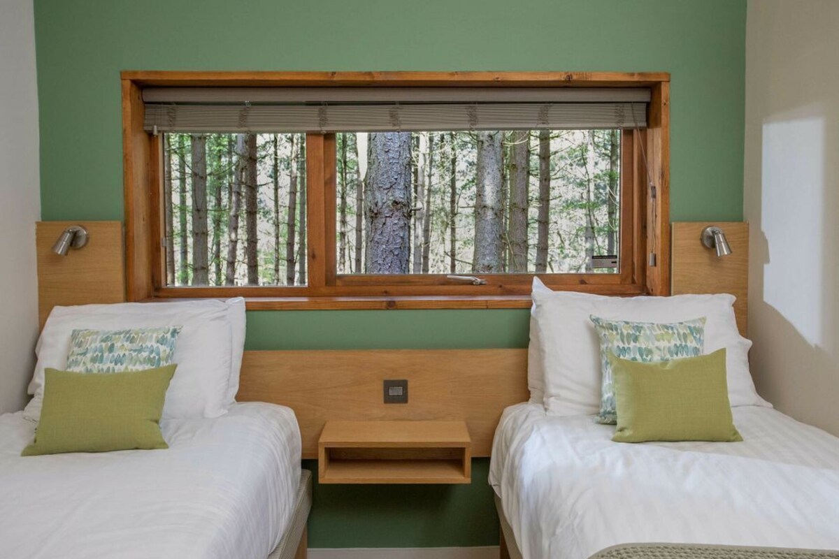 A room with two beds, a window with a view of trees, a wooden headboard, and a small bedside table.