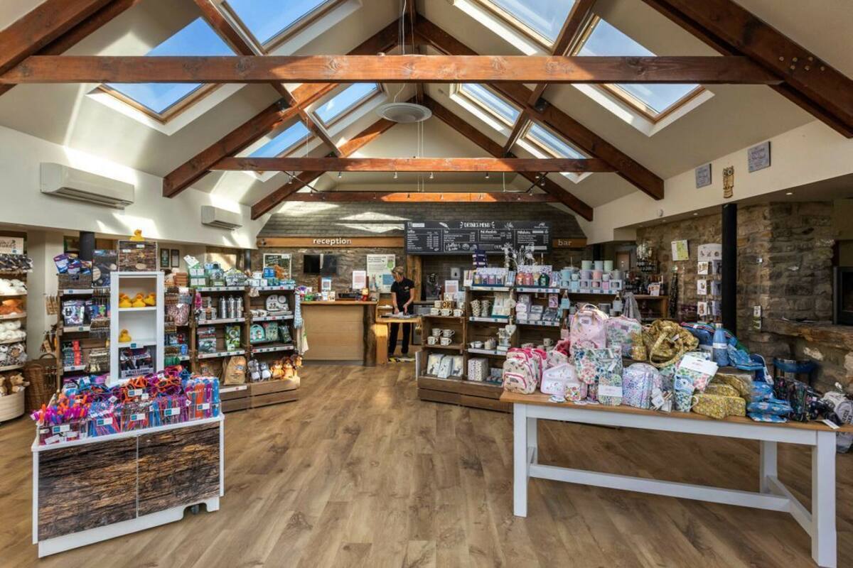 A store with wooden beams, skylights, and various items on shelves.
