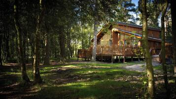 A wooden cabin in a forest with a deck and a covered porch.