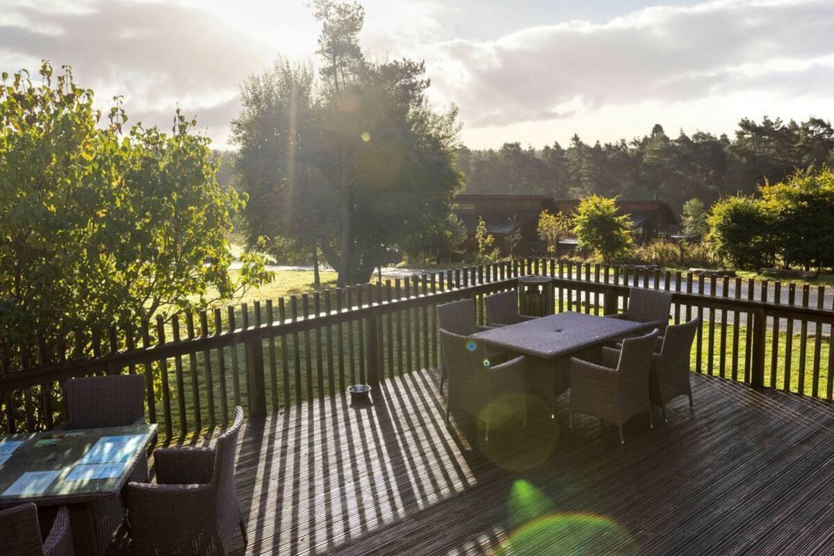 An outdoor deck with a table and chairs, surrounded by a wooden fence, overlooking a grassy area with trees.