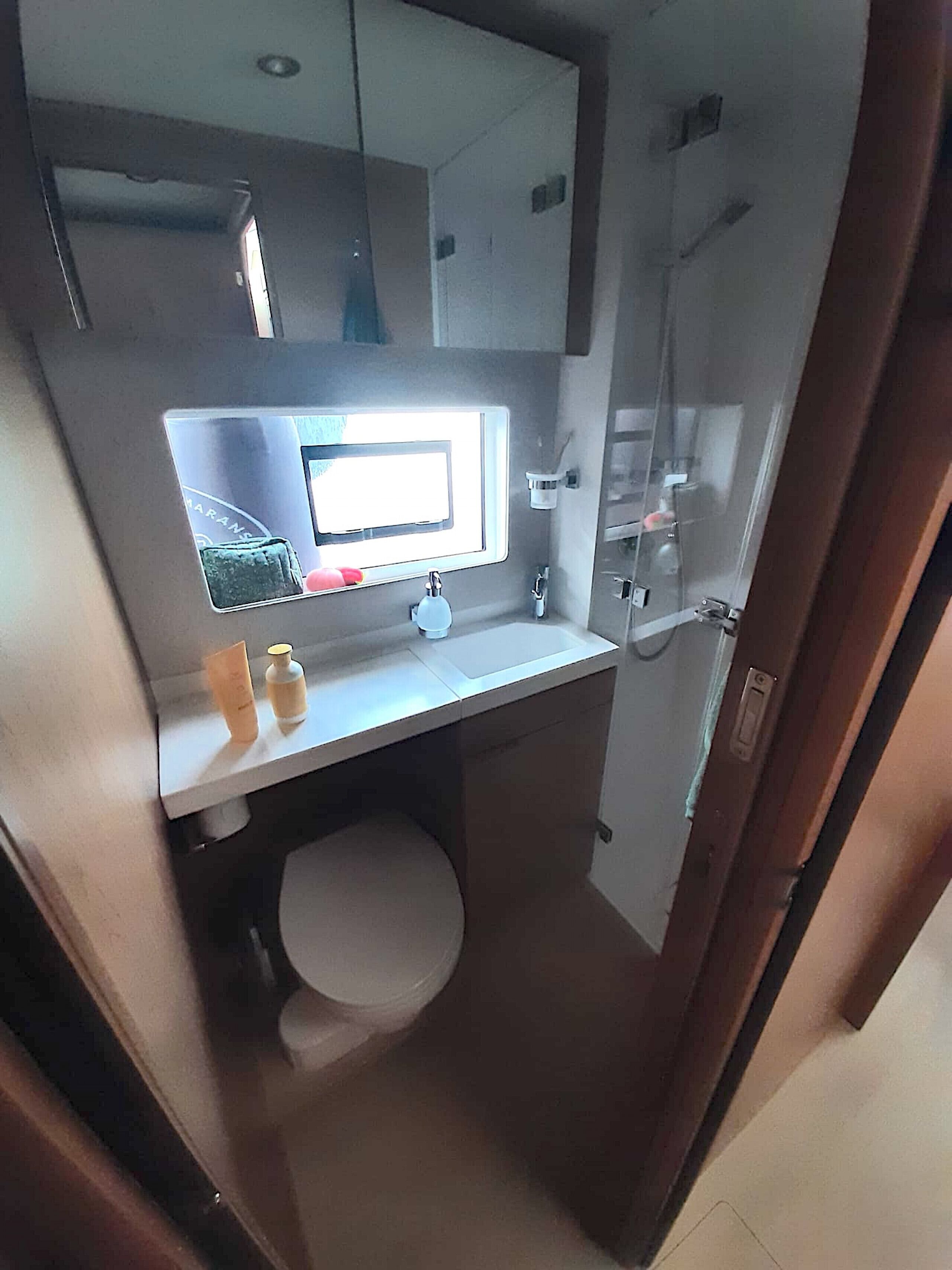 Une petite salle de bain comprenant des toilettes, un lavabo avec un miroir et une douche.