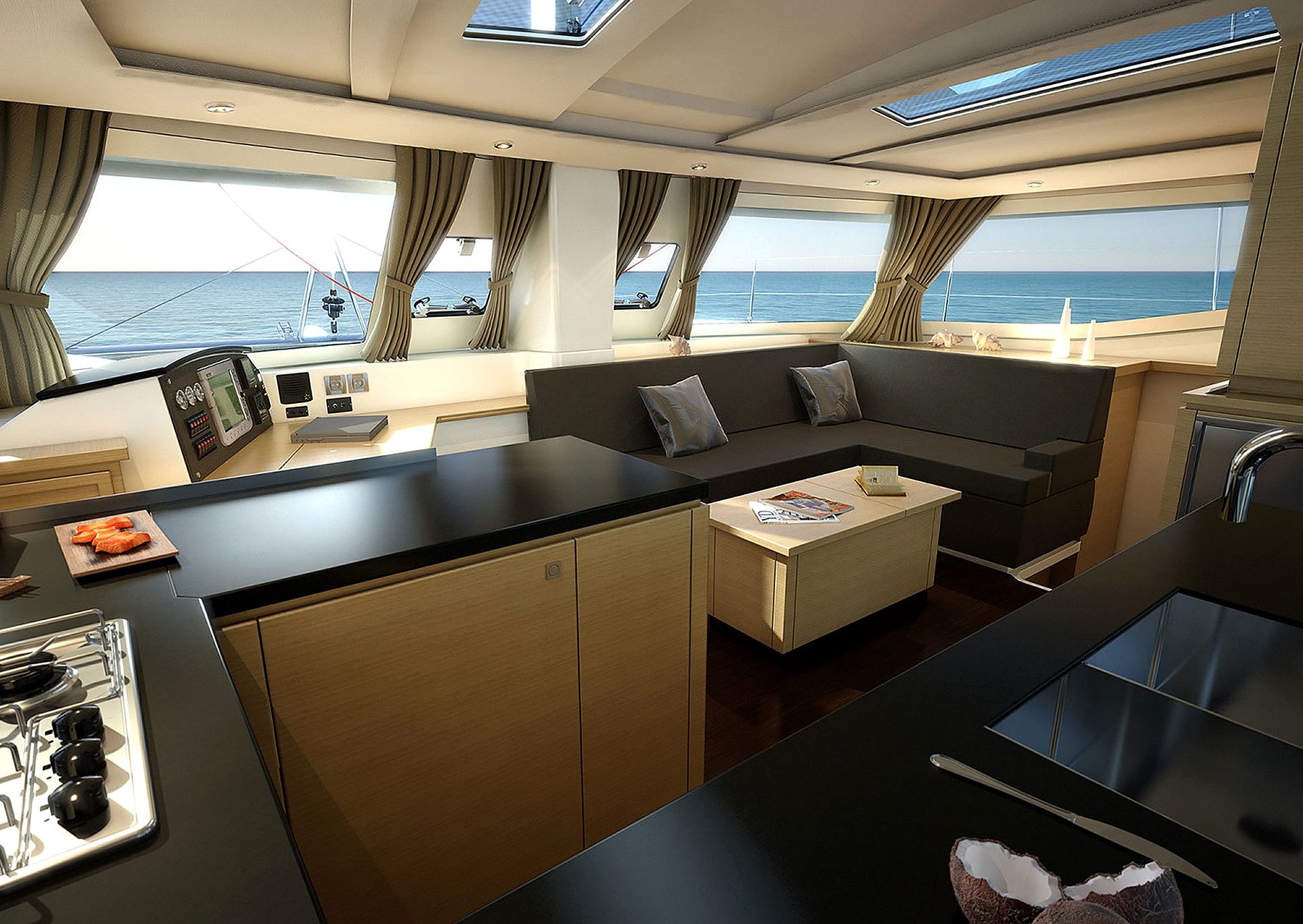 A yacht interior with a kitchen, dining area, and seating.