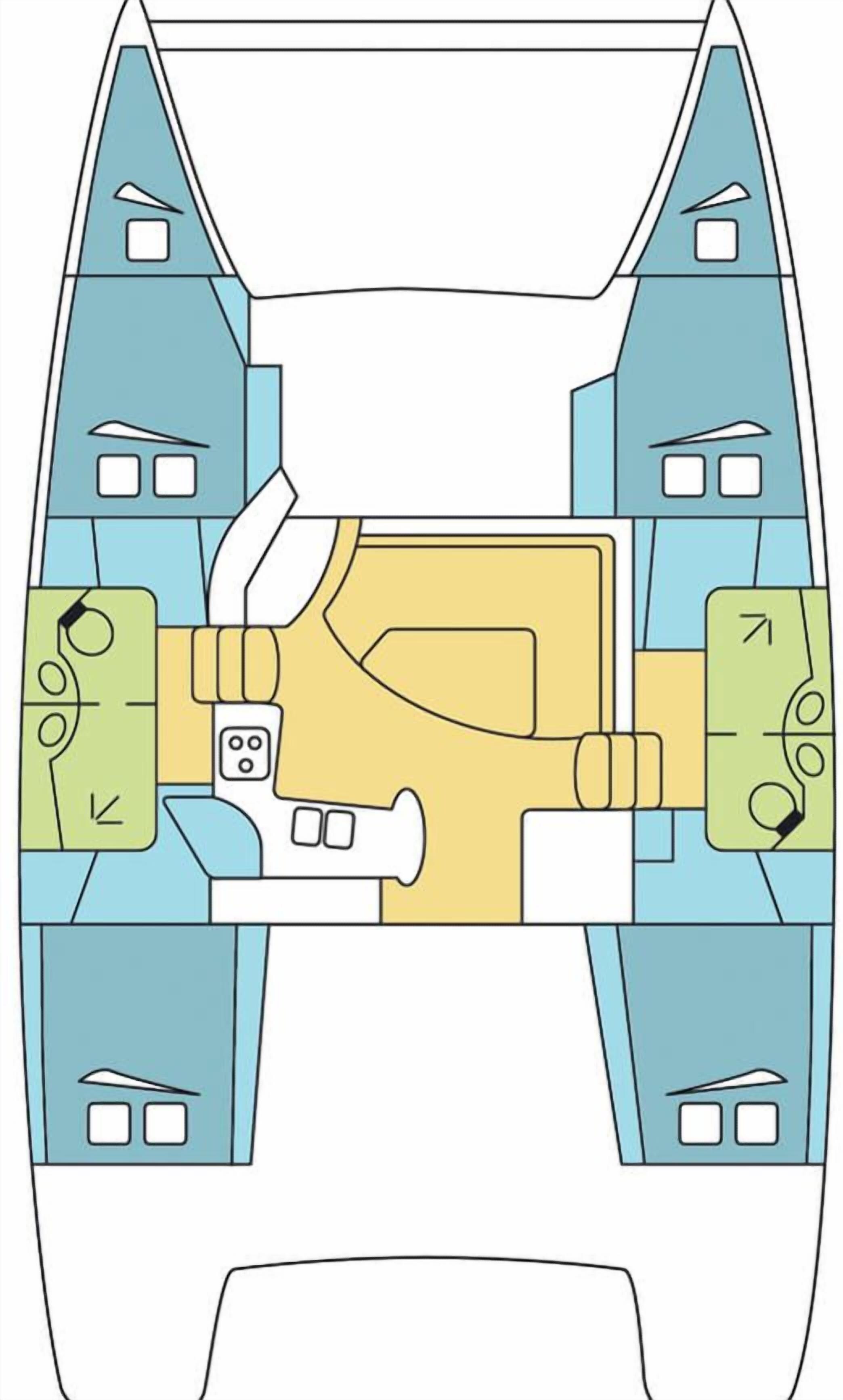 A top-down view of a boat with two blue towers, a central yellow area, and a green object on the left.
