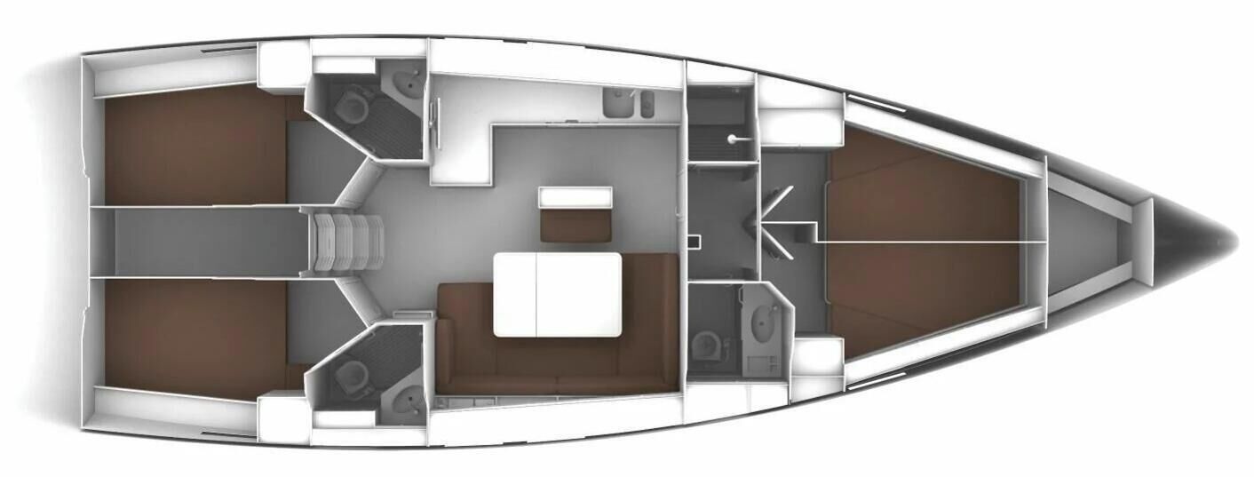 L'intérieur d'un bateau comprenant un coin repas, une cuisine et un espace salon.