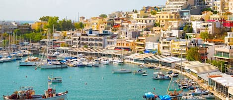 Un puerto marítimo costero con numerosos barcos amarrados, rodeado de edificios muy juntos.
