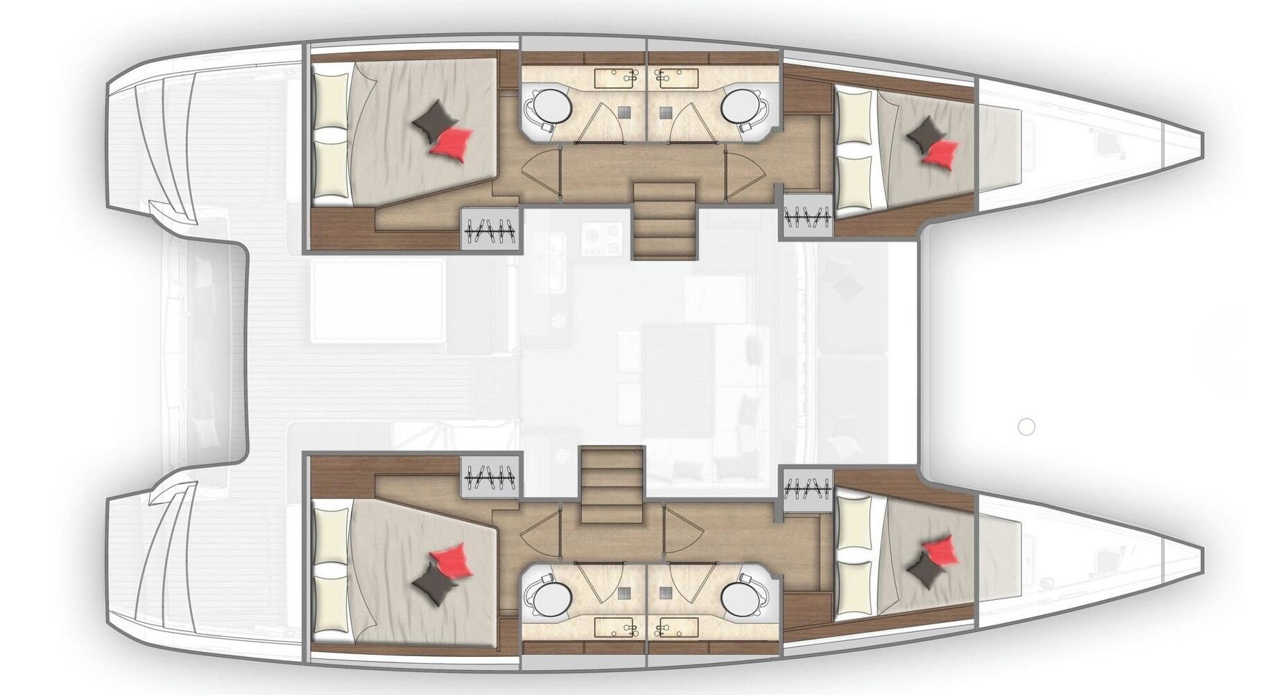 A boat interior with a dining area, two bedrooms, a bathroom, and a small kitchen.