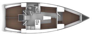 A boat interior with a kitchen, dining area, and a small bathroom.