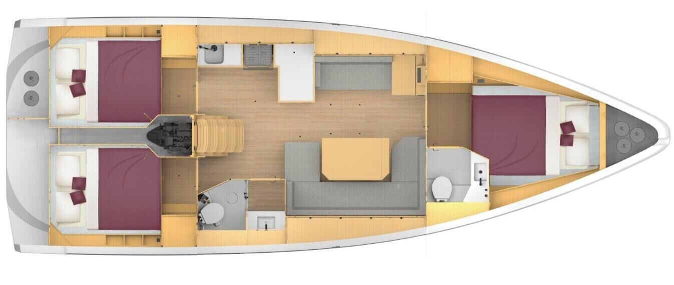Bootinterieur met twee hutten, een eethoek, een keuken en een badkamer.