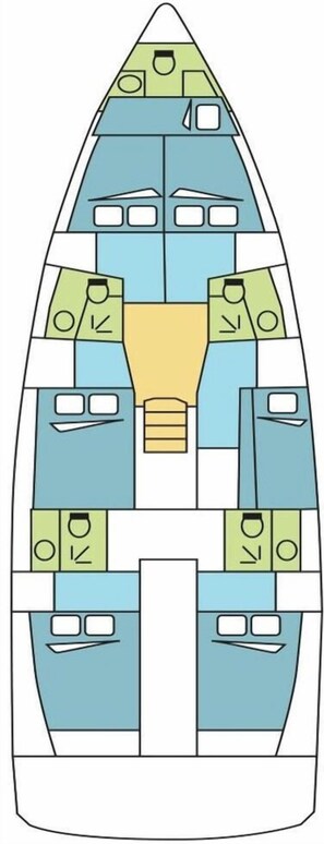Un bateau avec une zone centrale de couleur jaune, probablement une salle de contrôle, flanqué de zones bleues dotées de fenêtres, ce qui laisse supposer qu’il s’agit de cabines pour passagers.
