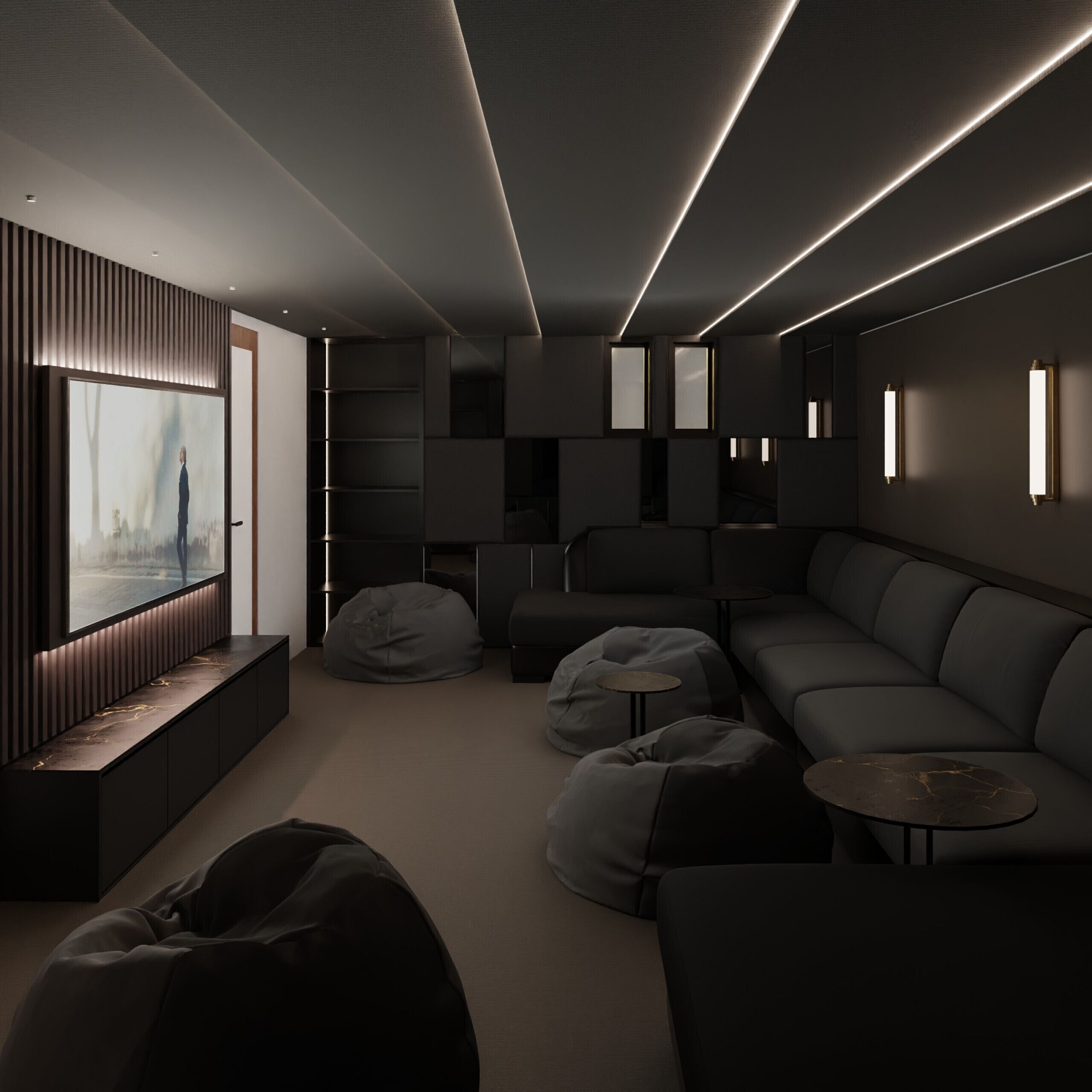 Un intérieur moderne avec un canapé d’angle, des poufs, une petite table et des étagères intégrées.