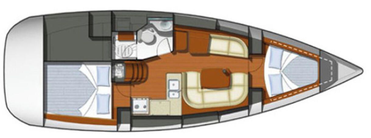 A boat interior with a dining area, a kitchen, and a seating area.