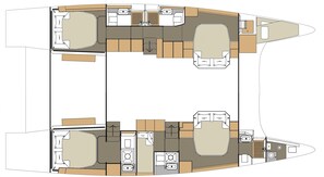 Distribución de un barco con comedor, cocina y dos camarotes.