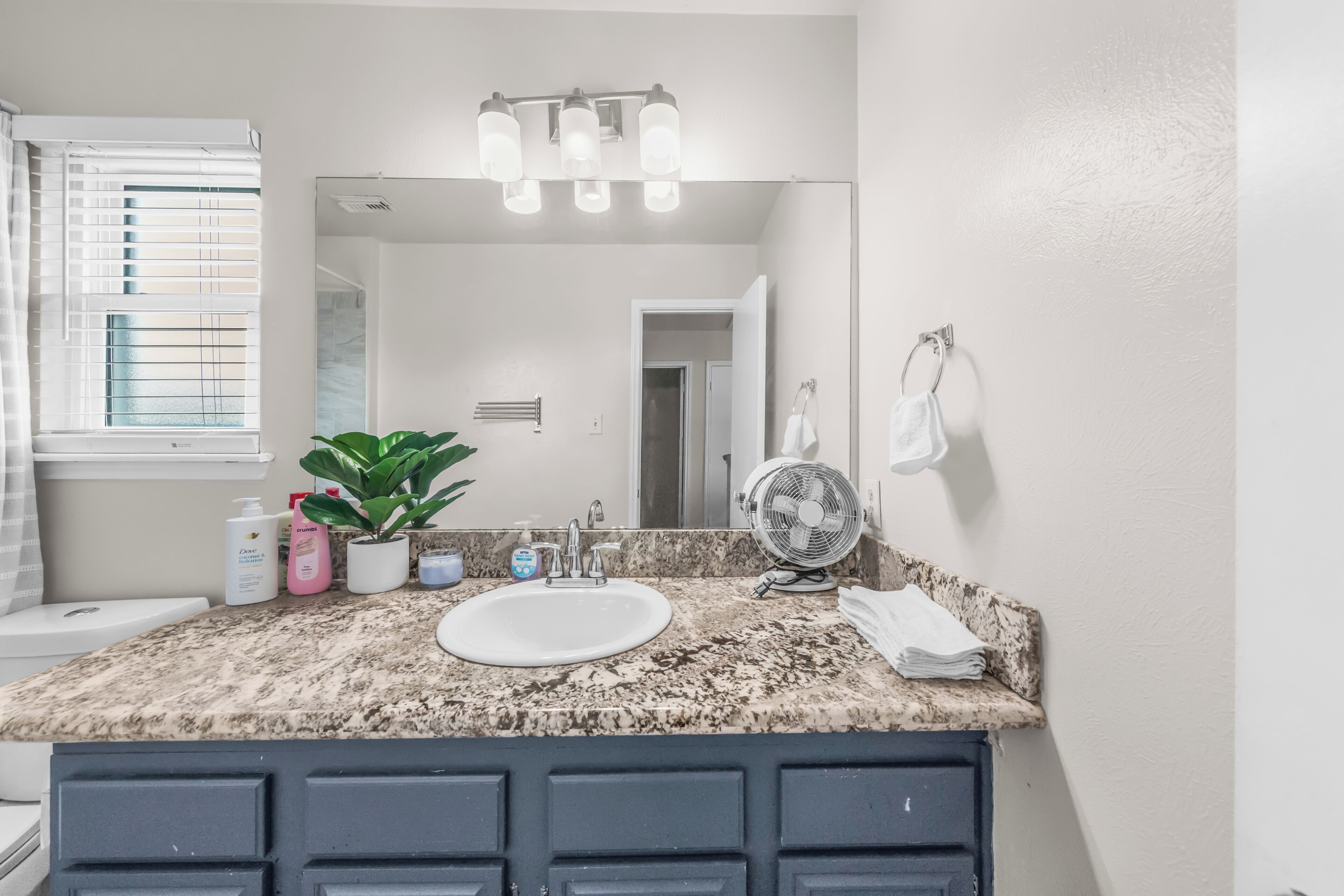 A bathroom with a granite countertop, a white sink, a mirror, a fan, and a potted plant.