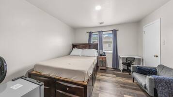A bedroom with a bed, a desk, a chair, a couch, and a heater.