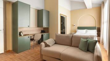 A hotel room with a bed, a sofa, a desk, and a shower area.