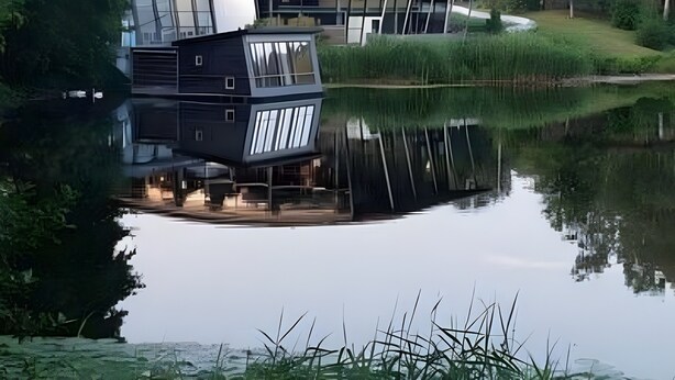 En moderne bygning med en glasfacade, et spejlbillede i vandet og et grønt område foran.