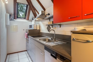 A compact kitchen with a built-in dishwasher, a microwave, and a sink.
