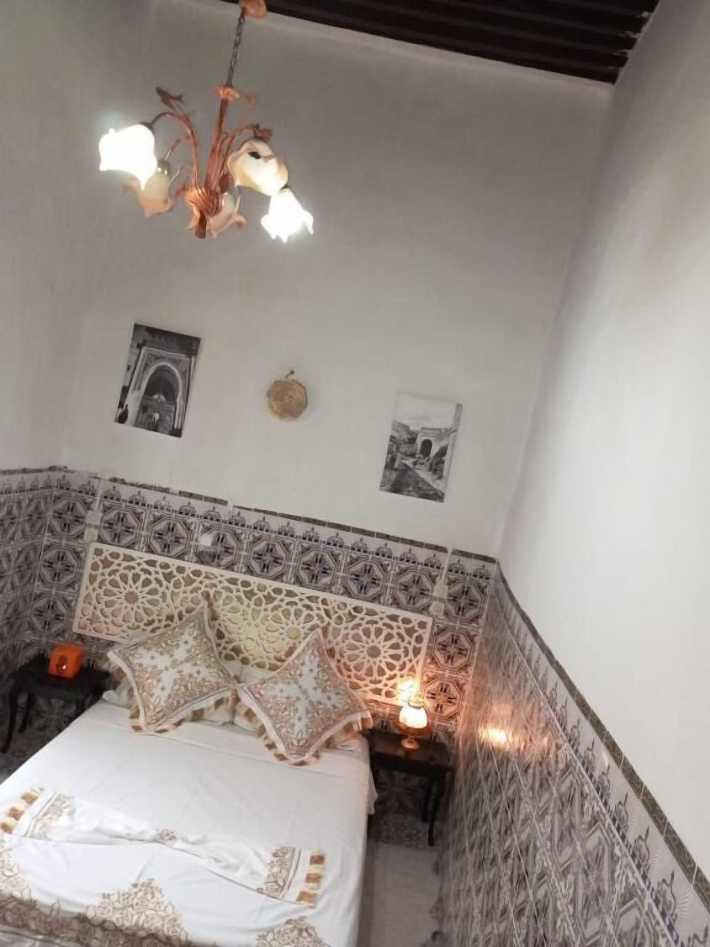 Un dormitorio con un cabecero estampado, una cama con almohadas, una mesita de noche con una lámpara y una araña.