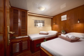 A room with two beds, wooden paneling, a window with a curtain, a small table with a plant, and a wall-mounted light fixture.