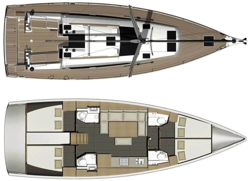 A boat with a deck layout including seating areas, a kitchen, and a bathroom.