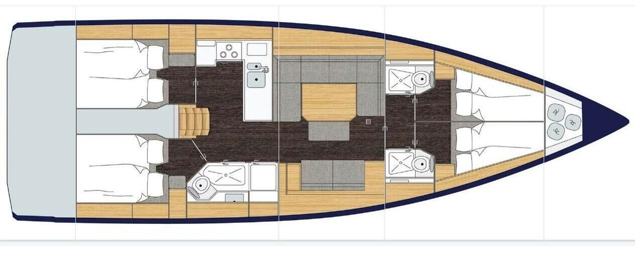 Aménagement d’un bateau comprenant un espace repas, une cuisine et des sièges.