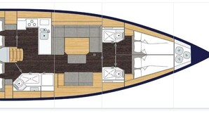 A boat layout with a dining area, kitchen, and seating arrangements. - Sun-Kissed Sailing Adventure in Northern Croatia (Punat)