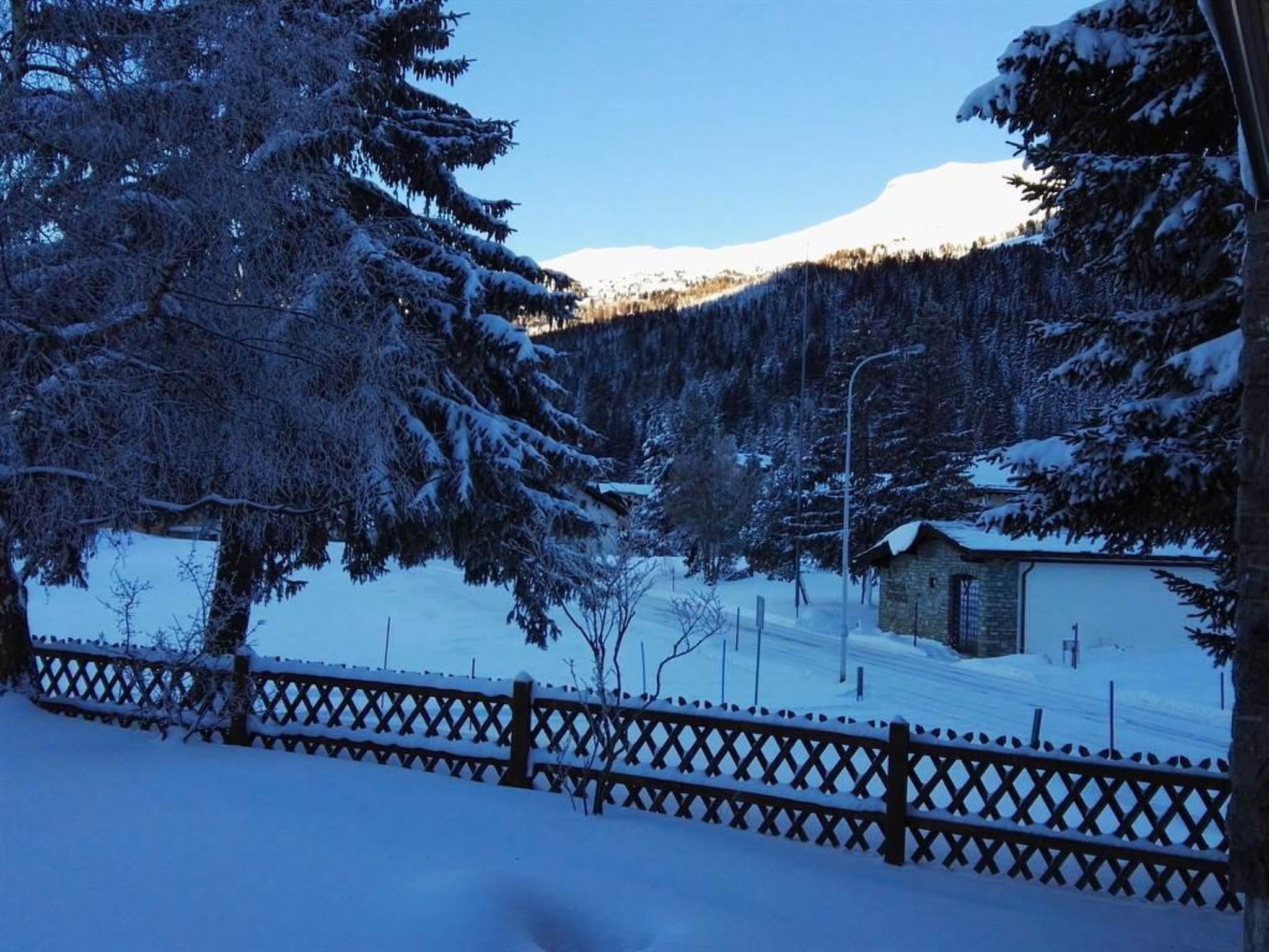 Lumipeitteinen maisema, jossa on puinen aita, puita ja pieni rakennus.