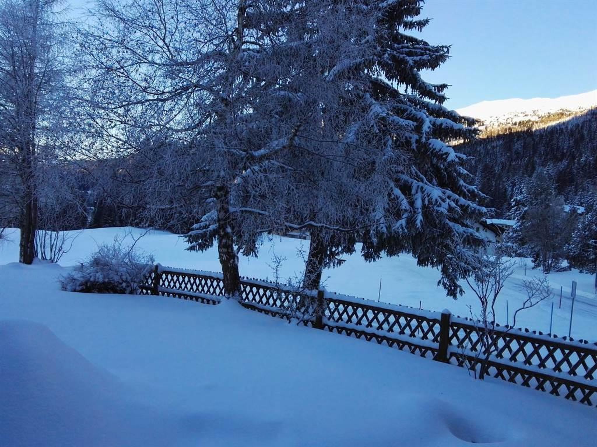A snow-covered landscape with a wooden fence and trees.