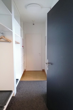 Ein Flur mit einer zur Zimmerführenden Tür, einem Kleiderhaken und einer Deckenleuchte.